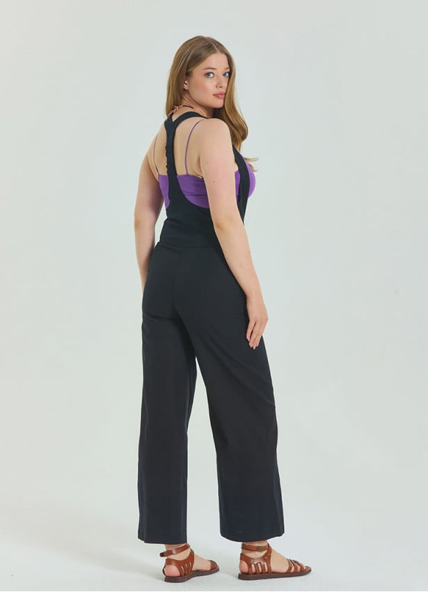 Zipper Detailed Pocket Black Womens Bohemian Jumpsuit 4674